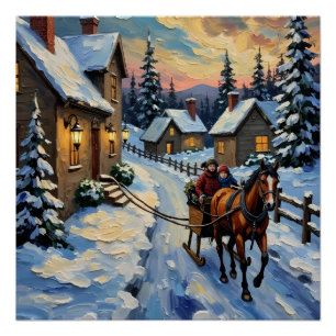 Vintage Pferd und Schlitten auf Weihnachten im Sch Poster