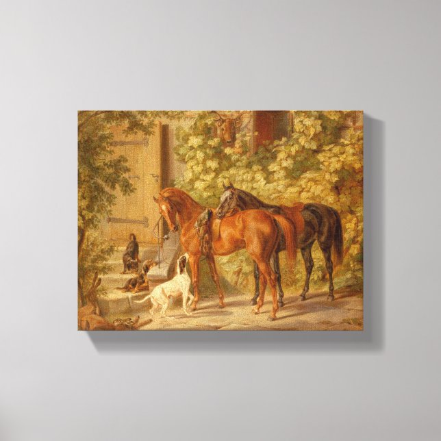 Vintage Pferde spielen mit Herdenhunden Leinwanddruck (Vorderseite)