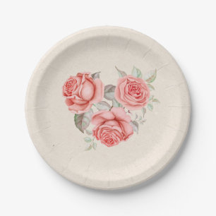 Vintage Pfirsich Korallen Rosen Grünzeug Blätter H Pappteller