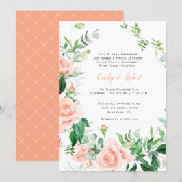 Vintage Pfirsichfarben Rose Grünes Gitter Hochzeit Einladung