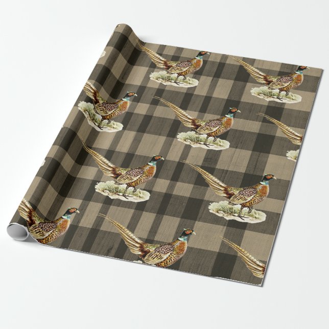 Vintage Pheasant Bird on Beige Brown Plaid Geschenkpapier (Ungerollt)