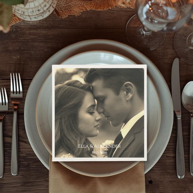 Vintage Photo Serviette (Vintage Style Sepia Photo Overlay Names Date Napkins)