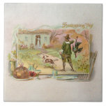 Vintage Pilger mit Erntedank Dinner Fliese<br><div class="desc">Charmante Vintage einheimische Szene mit einem Pilgervater nach einer erfolgreichen Putenjagd. Die Vignette ist mit einem Tisch und traditionellem Erntedank geschmückt.</div>