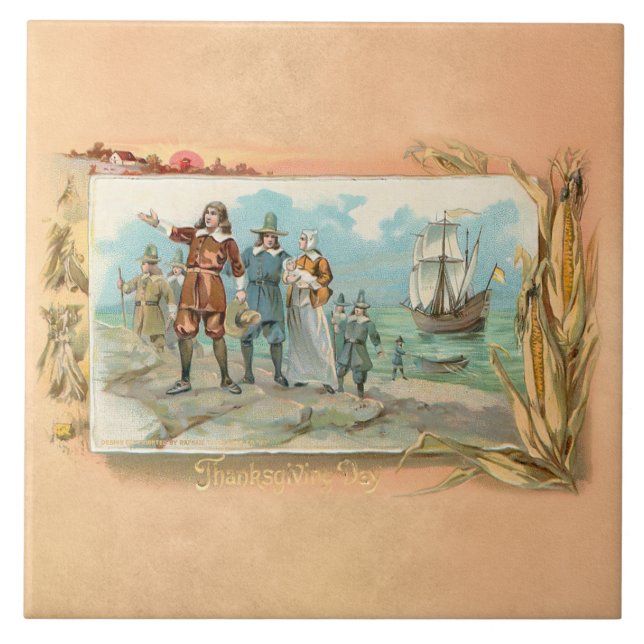 Vintage Pilgerlandung am Plymouth Rock Fliese (Vorderseite)
