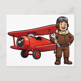 Vintage-Pilot mit roter Doppeldecker-Cartoon-Kunst Postkarte