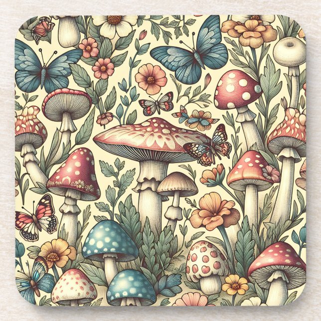 Vintage Pilze, Blume, Schmetterlinge Getränkeuntersetzer (Vorderseite)