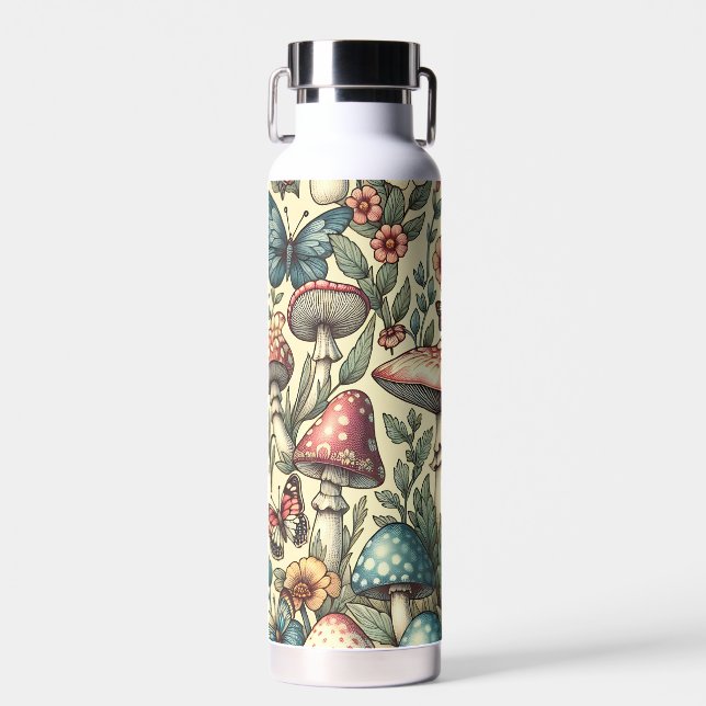 Vintage Pilze, Blume, Schmetterlinge Trinkflasche (Vorne)