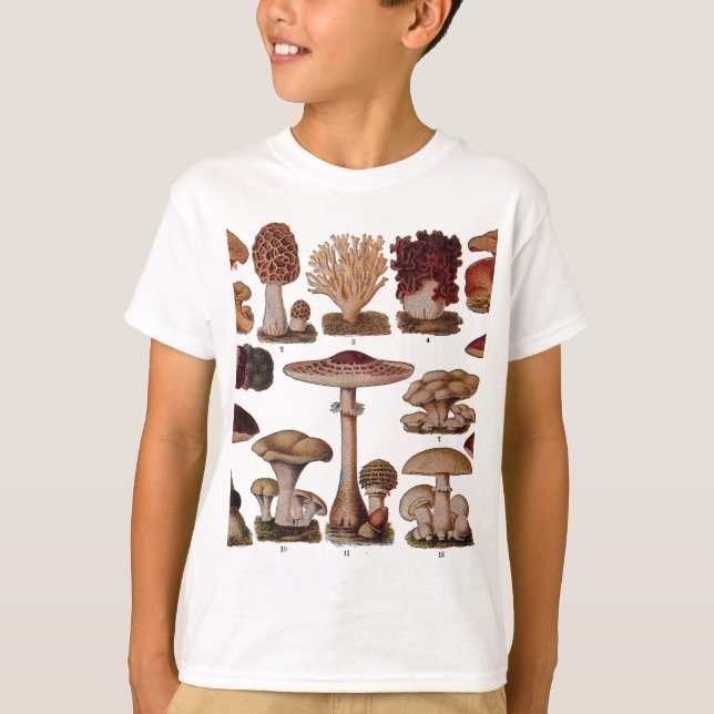 Vintage Pilzfamilie Botanische Printwerbung T-Shirt (Vorderseite)