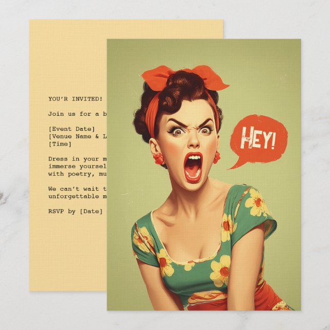 Vintage Pin-Up Power Shout Einladung (Vorne/Hinten)