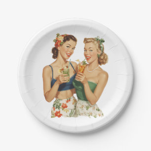 Vintage Pin-Up Sommer Cocktail Freundinnen Pappteller