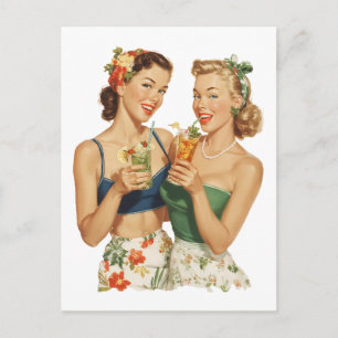 Vintage Pin-Up Sommer-Cocktail-Freundinnen Postkarte