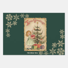 Vintage Pine Tree Little Girls präsentiert Schneef Geschenkpapier Set