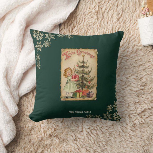 Vintage Pine Tree Little Girls präsentiert Schneef Kissen (Decke)
