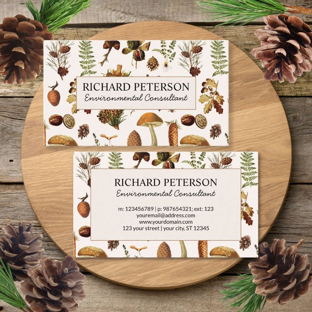 Vintage Pinecone, Blätter, Pilzfallen-Wald Visitenkarte (Front and Back)