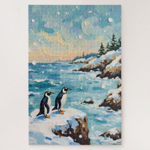 Vintage-Pinguine auf schneebedeckter Weihnachtskli
