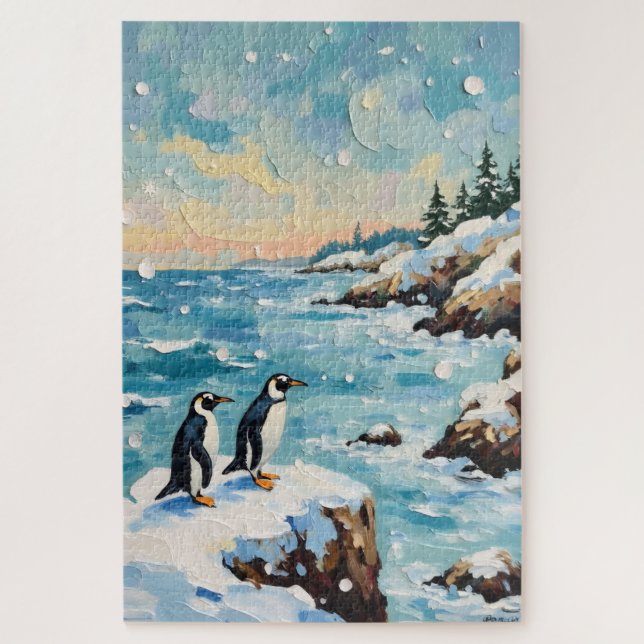 Vintage-Pinguine auf schneebedeckter Weihnachtskli (Vertikal)