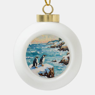 Vintage-Pinguine auf schneebedeckter Weihnachtskli Keramik Kugel-Ornament