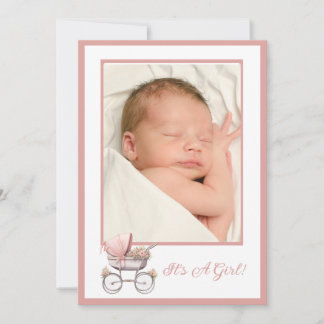 Vintage Pink Baby Carriage Birth Ankündigung