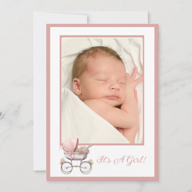 Vintage Pink Baby Carriage Birth Ankündigung (Vorderseite)