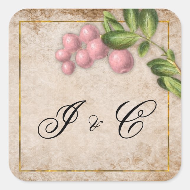 Vintage Pink Berries Hochzeit Quadratischer Aufkleber (Vorderseite)