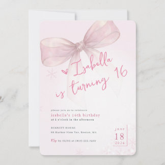 Vintage Pink Bow Elegant Winter 16th Birthday Einladung