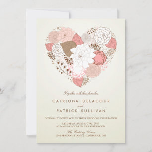 VINTAGE PINK FLORAL HEART WEDING INVITATION EINLADUNG