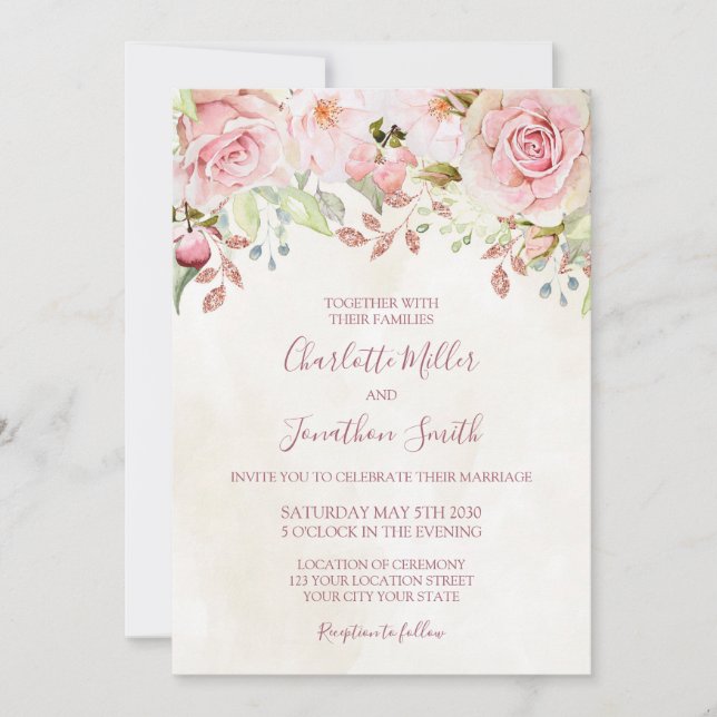 Vintage Pink Floral Spring Wedding Invitations Einladung (Vorderseite)