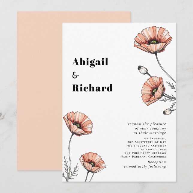 Vintage Pink-Mohnblumen-Wildblumen Blumenhochzeit Einladung (Vorne/Hinten)