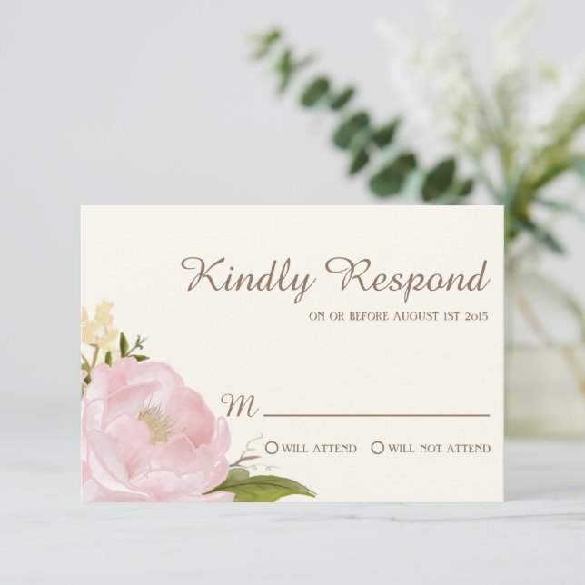 Vintage Pink Peonies Wedding RSVP Card (Stehend Vorderseite)