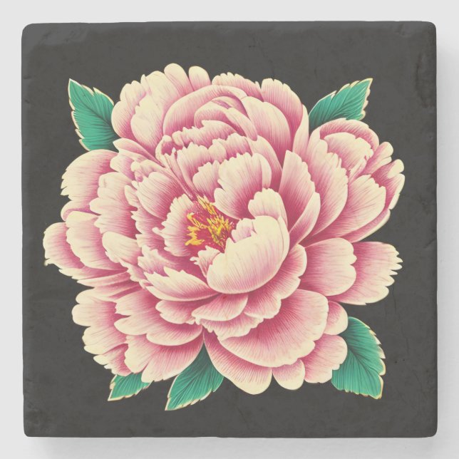 Vintage Pink Peony Blume Steinuntersetzer (Vorderseite)