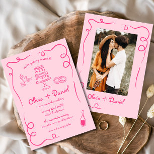 Vintage Pink-Pink-Pfingsheirat mit Handzeichnung Einladung