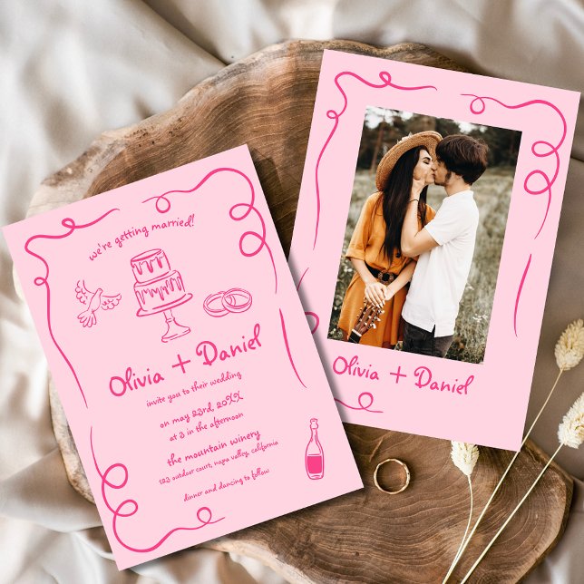 Vintage Pink-Pink-Pfingsheirat mit Handzeichnung Einladung (Von Creator hochgeladen)