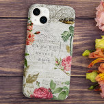 Vintage Pink Rose & Typography Ephemera Case-Mate iPhone 14 Plus Hülle<br><div class="desc">Elegant and romantic vintage pink French roses and bird on grungy ecru parchment background with ornate engraved ornament,  music notation,  hydrangea and typography.</div>