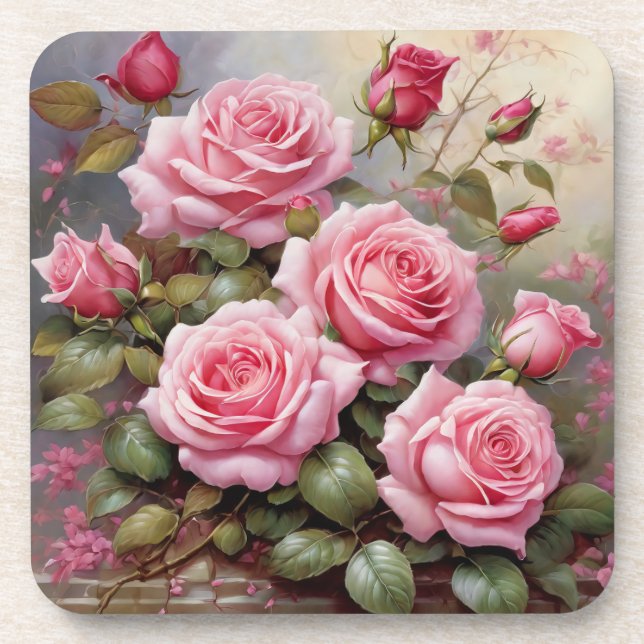 Vintage Pink Roses Getränkeuntersetzer (Vorderseite)