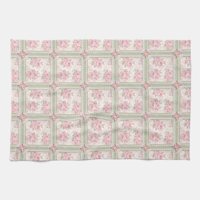 Vintage Pink Roses Patchwork Geschirrtuch (Horizontal)