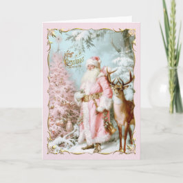 Vintage Pink Santa Claus deer tree Christmas Card  Einladung
