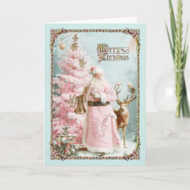 Vintage Pink Santa Claus deer tree mint card Feiertagskarte