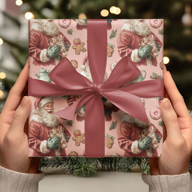 Vintage Pink Santa & Gingerbread Christmas Geschenkpapier (Von Creator hochgeladen)