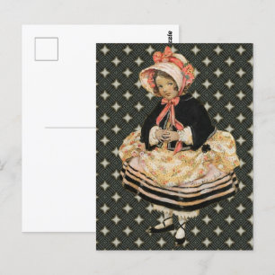 Vintage Pink Schwarz Gold Mädchen Kunst   Postkart Postkarte