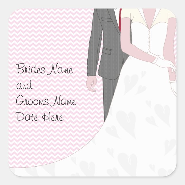 Vintage Pink Wedding Bride and Groom Quadratischer Aufkleber (Vorderseite)