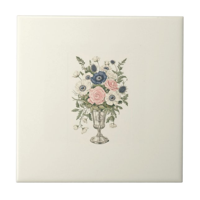 Vintage, pinkfarbene, violett-grüne Blume Fliese (Vorderseite)