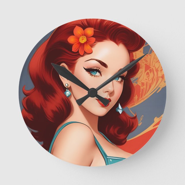 Vintage Pinup Wall Clock Runde Wanduhr (Vorderseite)