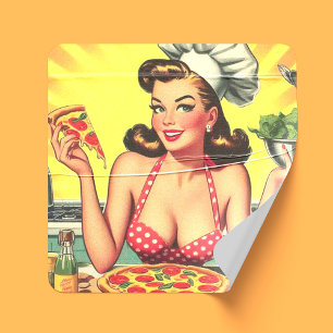 Vintage-Pizza-Mädchen Quadratischer Aufkleber