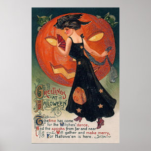 Vintage Plakat-Halloweenhexe u. -kürbis Poster