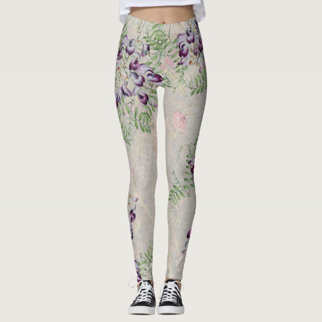 Vintage Platterbsen-Blumen ganz über Leggings (Vorderseite)