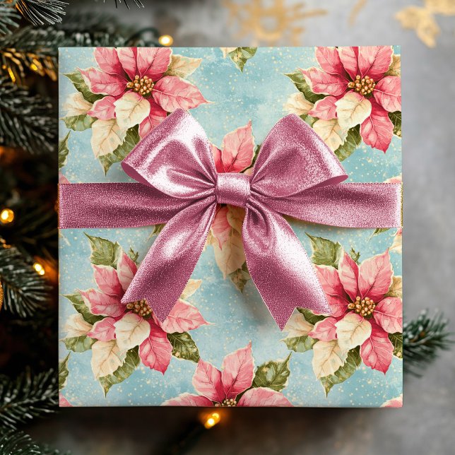 Vintage Poinsettia Blume in Pink Blue Weihnachten Geschenkpapier (Vintage Poinsettia Flower in Pink Blue Christmas Wrapping Paper)