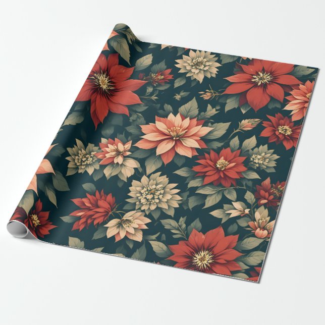 Vintage Poinsettia Christmas Gift Wrap Pattern Geschenkpapier (Ungerollt)