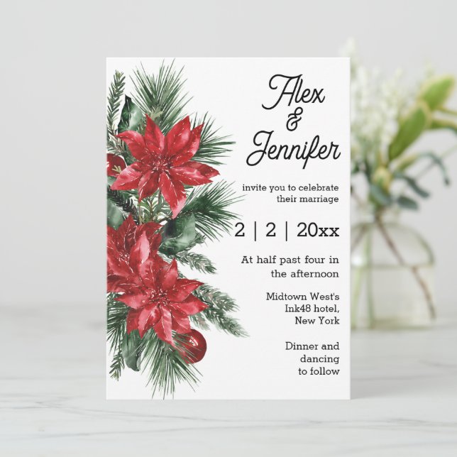 Vintage Poinsettia und Kiefernhochzeit Einladung (Stehend Vorderseite)