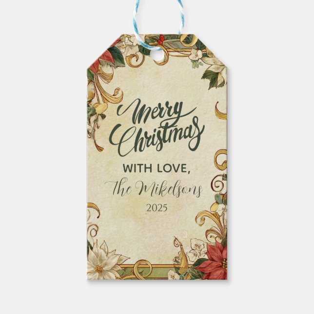 Vintage Poinsettia Weihnachten Geschenkanhänger (Vorderseite)