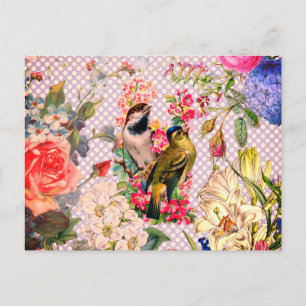 Vintage Polka dotiert Vogel farbenfrohe Blume Postkarte